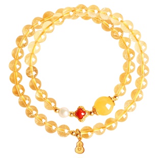 普陀山招财黄水晶手链女正品天然蜜蜡转运珠淡水珍珠暴富双圈手串