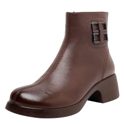 全牛皮粗跟妈妈短靴厚底马丁靴