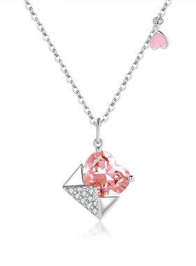 粉锆S925纯银锁骨链爱心信封项链