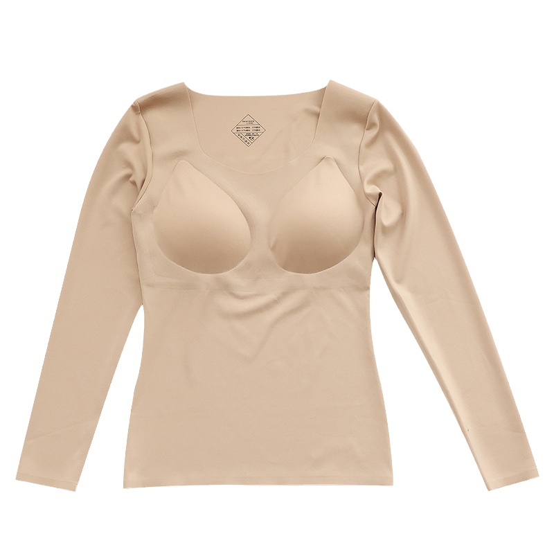 带胸垫美体皮肤肌底衣发热保暖内衣女低领口轻薄无痕高弹打底秋衣