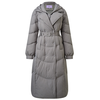 MAXRIENY格雷系气质穿搭菱斜纹绗缝过膝羽绒服25冬款保暖外套长款