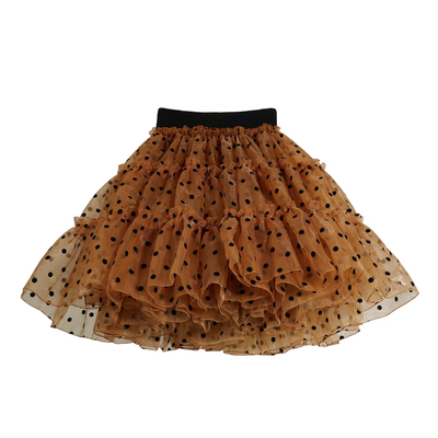 蜜茶棕色欧根纱植绒波点短款裙
