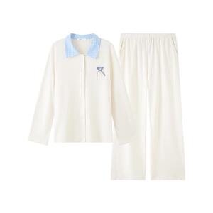 三福女春季MIU系格纹翻领套装 简约舒适宽松休闲家居服513564