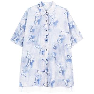 KEIKO 水墨晕染蝴蝶花短袖衬衫女夏季仙灵轻纱拼接宽松雪纺上衣