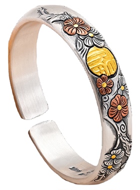 银千造 梅开五福 镶金梅花银手镯女999纯实心国风足银开口银镯子