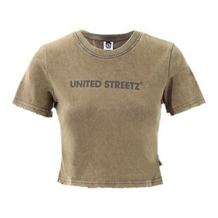 US联邦街牌 复古做旧水洗短袖女 短款嘻哈街舞露腰辣妹字母T恤