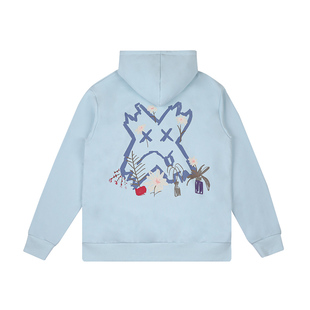 PCMY花卉叉叉人连帽卫衣男女情侣休闲宽松纯棉涂鸦薄绒帽衫外套秋