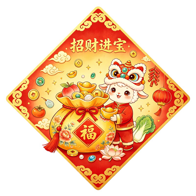 小羊舞狮招财进宝墙贴福袋金元宝祥云红灯笼新春喜庆防水装饰贴纸