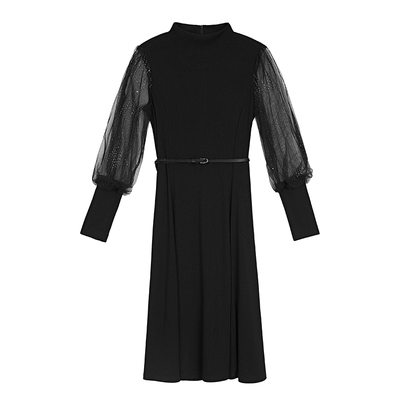 sdeer网纱针织长袖针织连衣裙