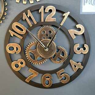 个性 饰欧式 创意数字钟静音挂墙钟表 复古齿轮挂钟工业风客厅装 美式