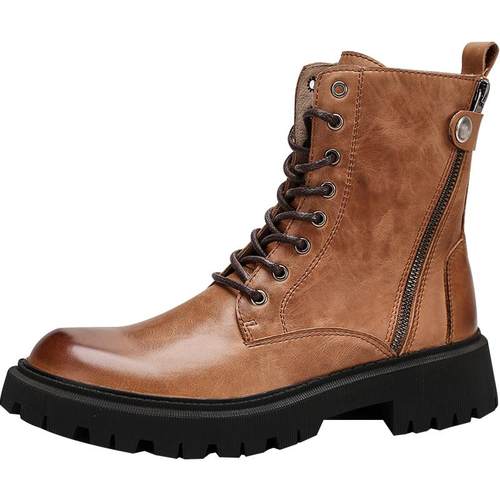 靴子男士秋冬牛皮厚底马丁靴高帮拉链复古皮靴潮流百搭机车户外靴