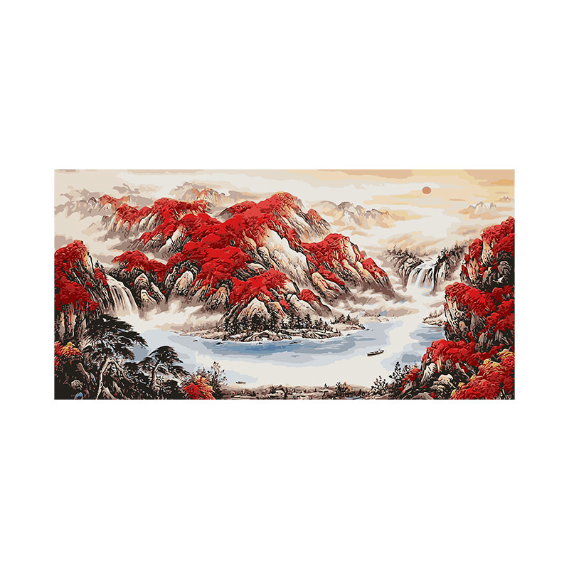 鸿运当头数字油画diy填充填色手绘山水国画横版大尺寸装饰油彩画