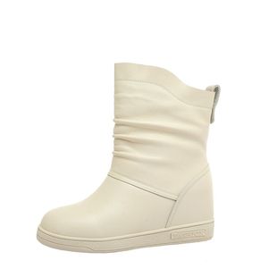 米白色短靴女平底秋冬款内增高中筒单靴全牛皮加绒坡跟真皮女靴子