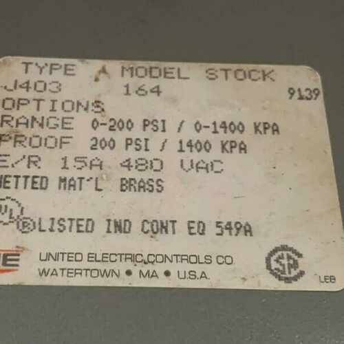 UNITED ELECTRIC UE  TYPE J403 MODEL 164 PRESSURE SWITCH 0-20