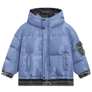 贝田男童羽绒服2025新款冬季儿童牛仔拼接面包服大童御寒冬装外套