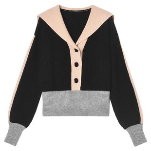 奥莱专柜品牌撤柜正品 HZ冬装新款 拼色海军领减龄羊毛长袖毛衣女