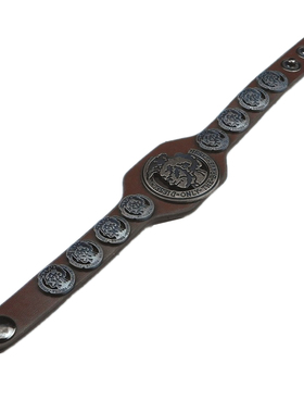 复古银灰人头标牌棕色皮朋克手链