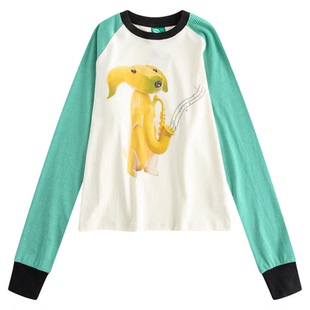 riverstone plus 香蕉狗印花圆领撞色长袖T恤女春季条纹宽松上衣
