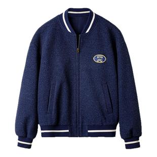 马登工装美式复古蓝色针织棒球服夹克痞帅刺绣撞色短款外套男士秋