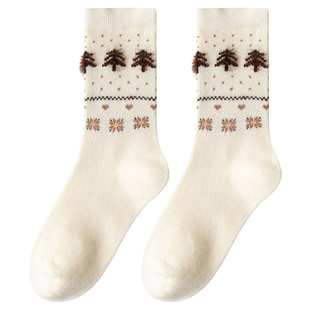 羊毛袜子女秋冬款费尔岛复古日系保暖加厚防臭咖色长袜冬天中筒袜