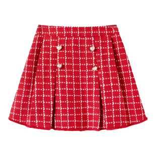 巴拉巴拉童装儿童短裙女童春秋格纹百褶裙红色拜年服