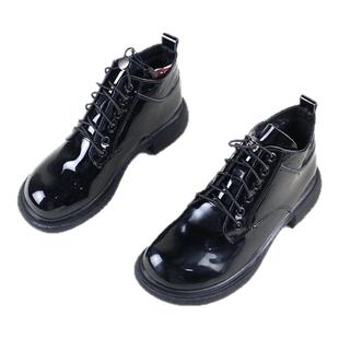 14真皮牛漆皮秋冬季新款撤柜粗跟圆头松紧绑带加绒韩版女士马丁靴