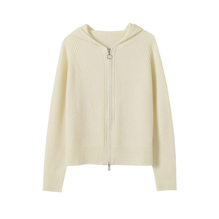 SKYINTL全羊毛针织帽衫女宽松绵羊毛拉链开衫连帽毛衣外套女秋冬