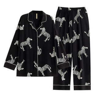 家乐芬睡衣女春秋款莫代尔长袖家居服夏季薄款斑马套装黑色高级感