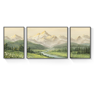 日照金山客厅装饰画源远流长三联挂画山水风景油画沙发背景墙壁画