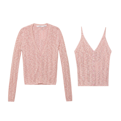 TOP家 温柔气息 法式复古慵懒感细闪光泽 一体式针织开衫/吊带春