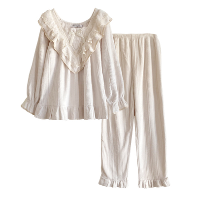 花边拼接法兰绒睡衣套装女