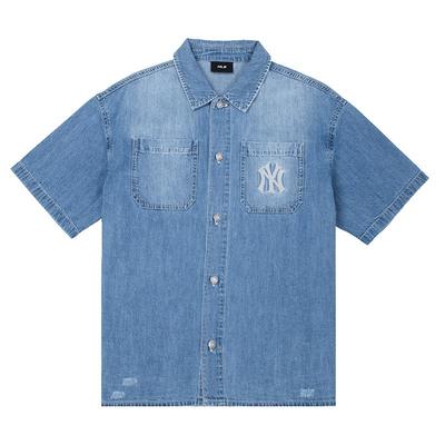 【自营】MLB衬衫短袖男女装牛仔外套翻领休闲服情侣装3ADRB0653