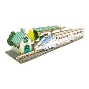木制仿真火车站拼装模型 和谐号高铁站立体拼图 儿童益智手工玩具