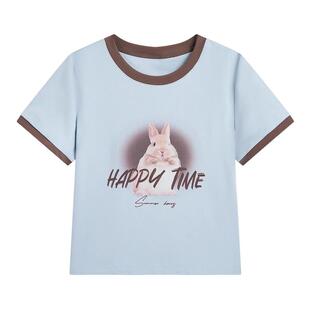 紫涵短款撞色圆领短袖T恤女士夏季新款兔子印花蓝色显瘦正肩上衣