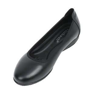 真皮工作鞋女圆头软底平底鞋空姐上班皮鞋宽脚胖脚单鞋大码女鞋子