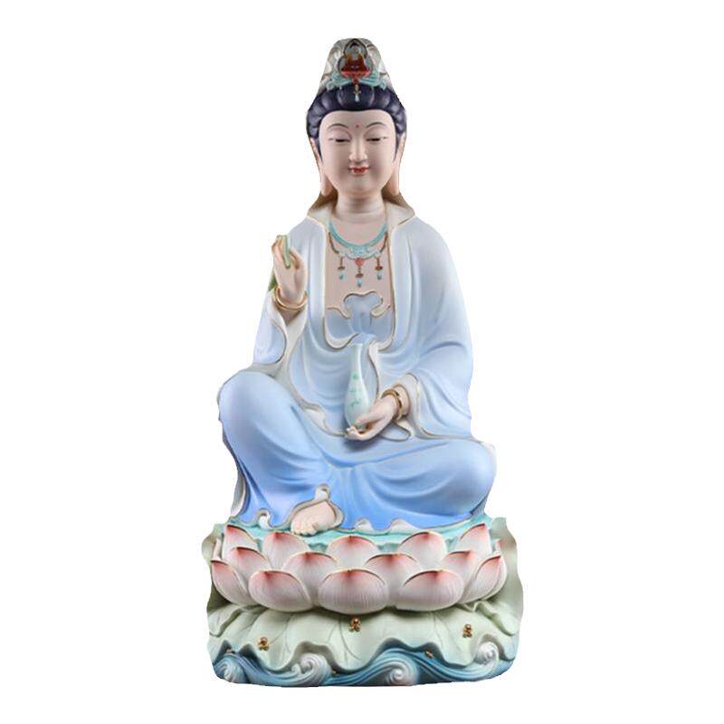 戴玉堂陶瓷摆件《水莲座坐莲观音蓝衣》家用佛像供奉观世音菩萨像