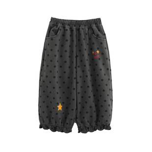 砚台家女童波点纯棉加绒花边灯笼裤2025冬装新款宝宝加厚保暖长裤