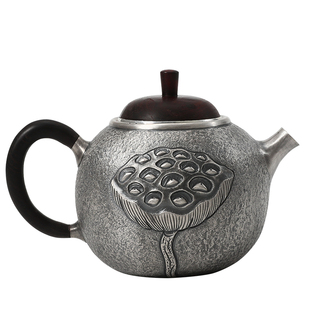 银壶纯银999泡茶壶纯手工公道杯一张打银茶具套装复古錾刻壶 莲蓬