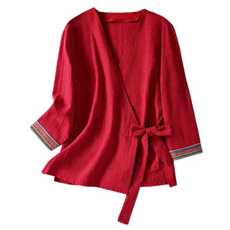 纯色系带收腰七分袖复古汉服包邮