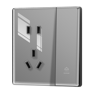 国际电工钢化玻璃插座带开关面板86型灰色暗装墙壁上一开双控五孔