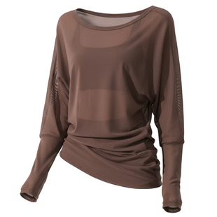 耐吉奥裸感瑜伽罩衫新款网纱透气亲肤收腰遮肉长袖可单肩性感上衣