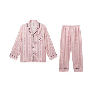 V家同款真丝睡衣女小众轻奢设计感粉色条纹桑蚕丝家居服两件套装