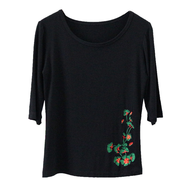 广场舞绣花棉T恤女红色黑色五分袖上衣舞蹈练功服莫代尔圆领t恤衫