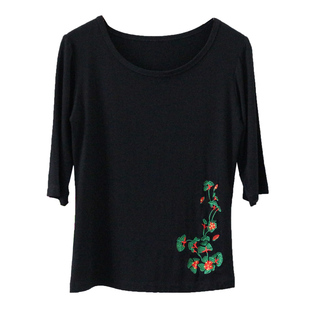 广场舞绣花棉T恤女红色黑色五分袖上衣舞蹈练功服莫代尔圆领t恤衫