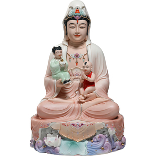 锵锵陶瓷12至19寸坐岩送双子观音像家用供奉观世音菩萨佛堂摆件装