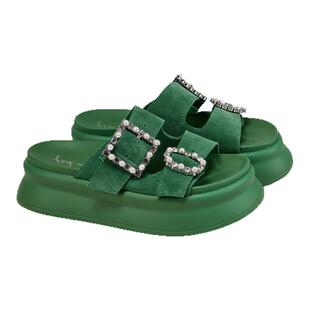fed增高凉拖夏季新款女鞋绿色一字拖绒面外出拖鞋女S0430-YAB078
