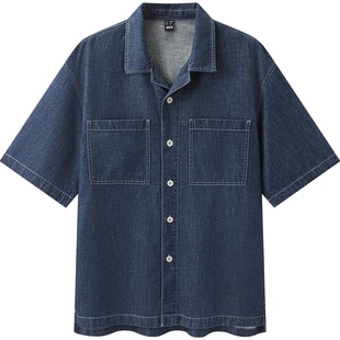 森柔牛仔|森马短袖衬衫男不规则棉麻牛仔外套宽松百搭夏季上衣潮