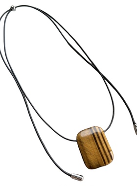 方形虎眼石吊坠皮绳项链简约时尚高级感独特百搭长款度假风毛衣链