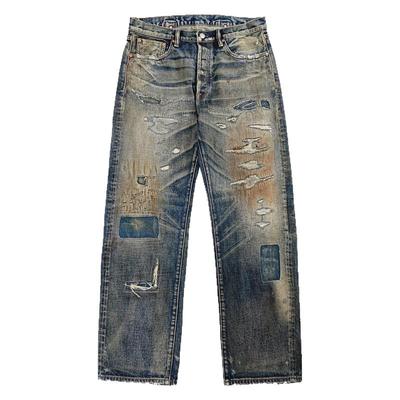 威络重磅泥洗破洞拼布赤耳牛仔裤