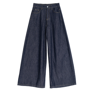 美式复古深蓝色高腰阔腿牛仔裤女潮流宽松垂坠感显瘦拖地休闲长裤